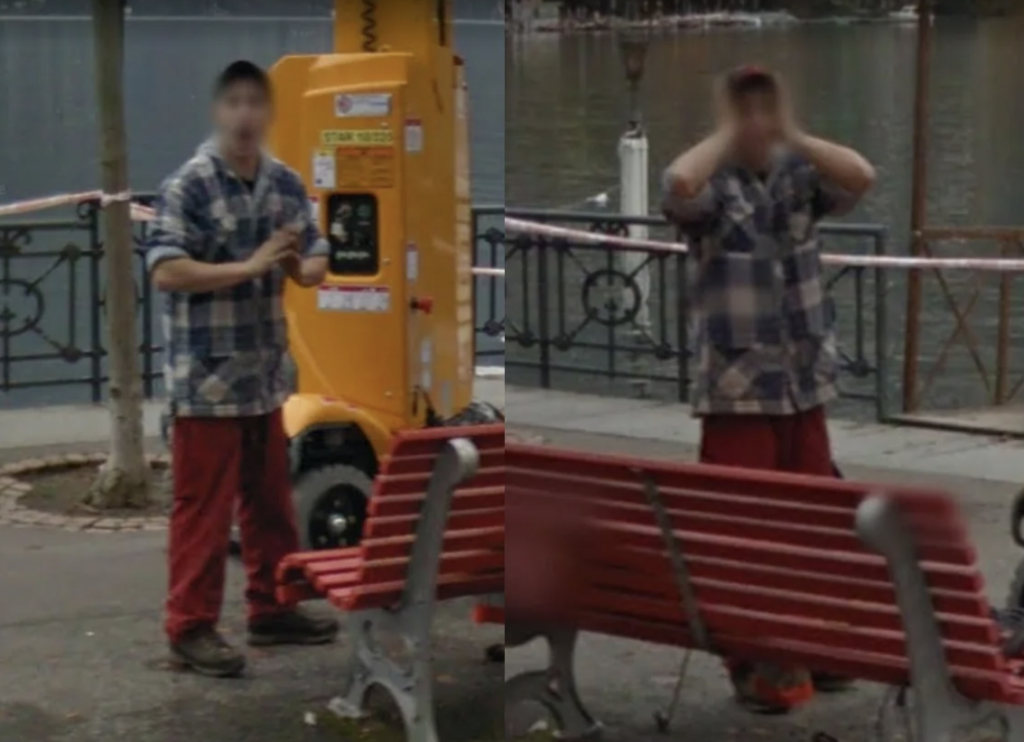 A person wearing a checkered shirt and red pants is seen in two different positions near a waterway. On the left, they are using a phone near a yellow kiosk. On the right, they are standing with their hands over their face. A red bench is in the foreground.