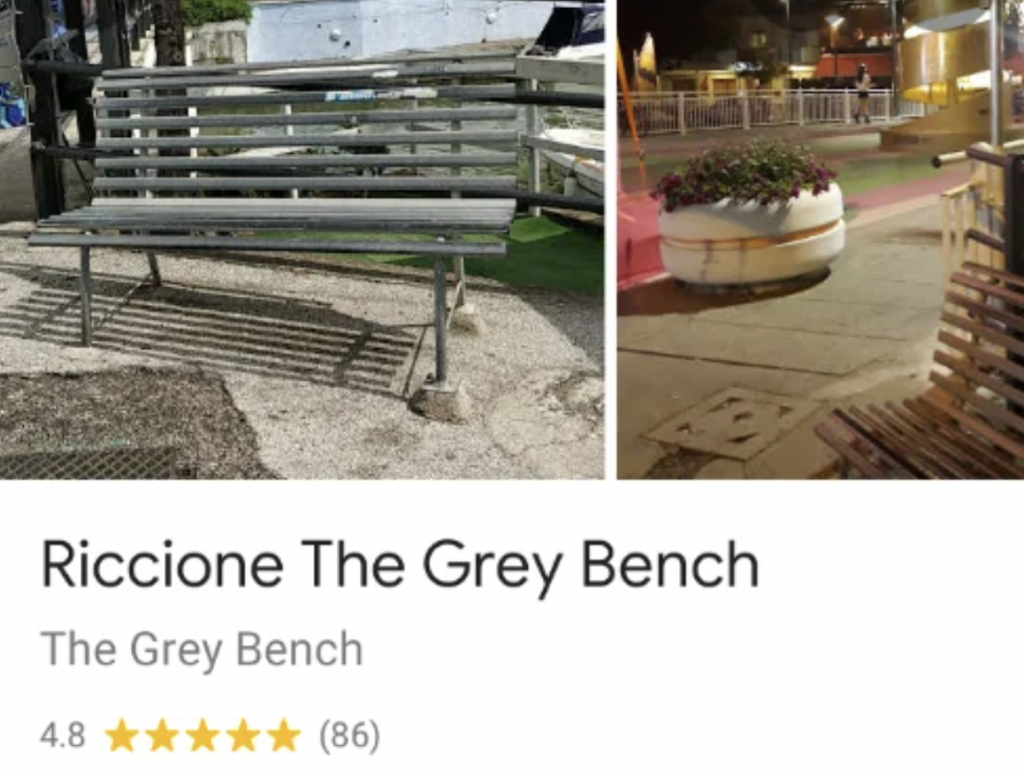 Split image. Left: An empty grey bench in a daytime outdoor setting on a stone pavement. Right: The same bench at night, next to a large circular planter filled with flowers. Text below reads "Riccione The Grey Bench" with a 4.8-star rating from 86 reviews.