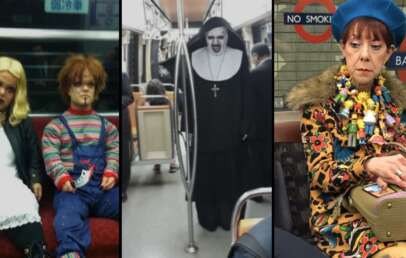 A triple-panel image. The first panel shows a person in eerie makeup dressed like a doll and another as a horror character in a subway. The second features a person as a sinister nun on a subway. The third is a woman, colorfully clothed, wearing numerous items, in a subway.