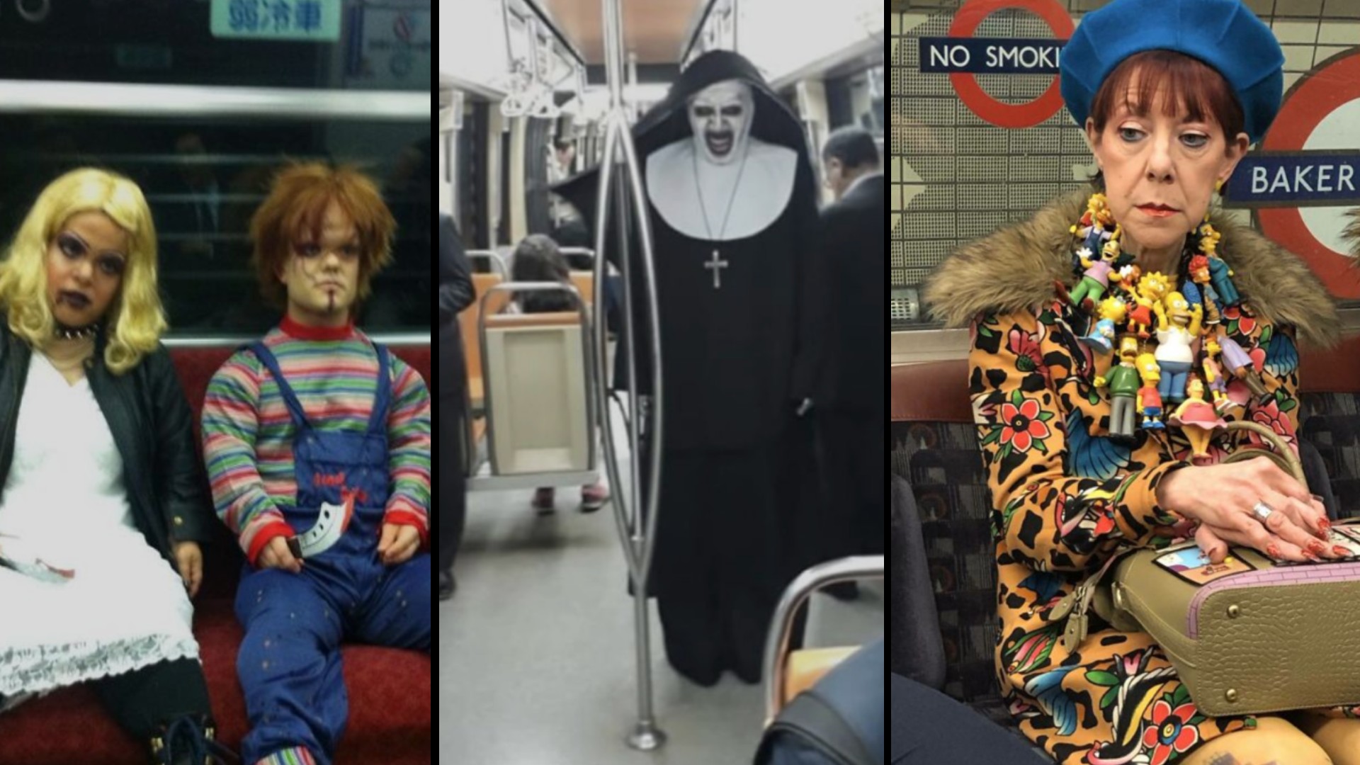 A triple-panel image. The first panel shows a person in eerie makeup dressed like a doll and another as a horror character in a subway. The second features a person as a sinister nun on a subway. The third is a woman, colorfully clothed, wearing numerous items, in a subway.