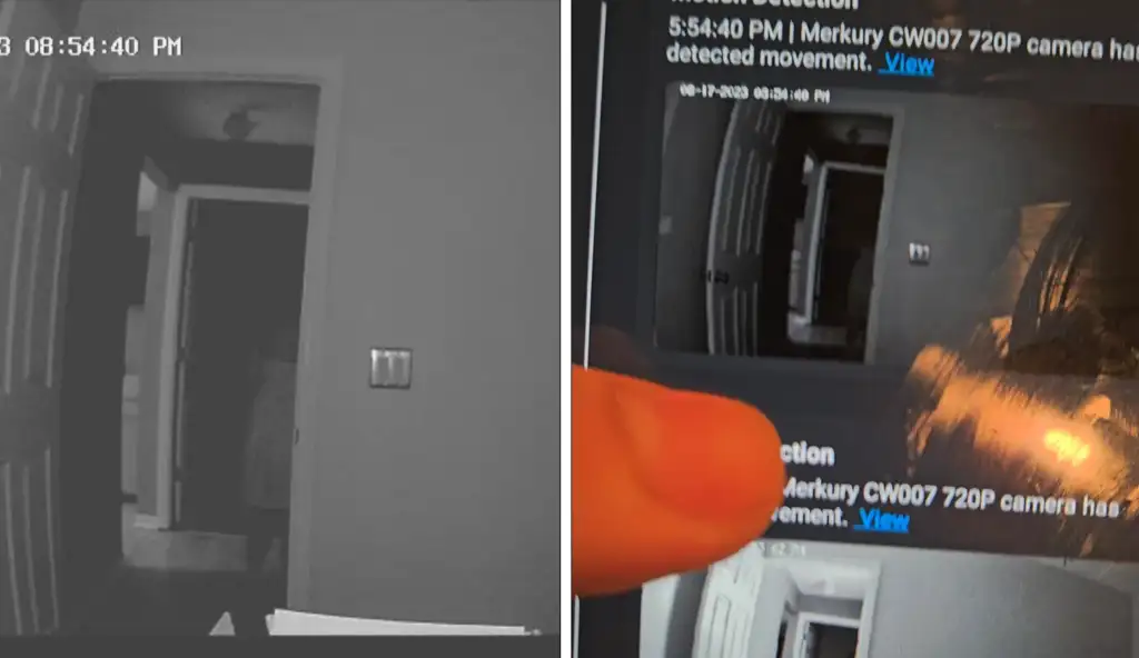 An image split into two parts: the left side shows a dark room captured by a security camera at 08:54:40 PM, and the right side shows a smartphone screen displaying footage from the security camera with a thumb pointing at the image titled "Merkury CW007 720P camera has detected movement.