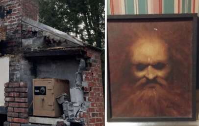 On the left, a damaged brick structure with a large safe inside. On the right, a framed painting of a face with intense eyes and a long beard, featuring dark, warm colors. The image captures contrasting subjects of destruction and art.