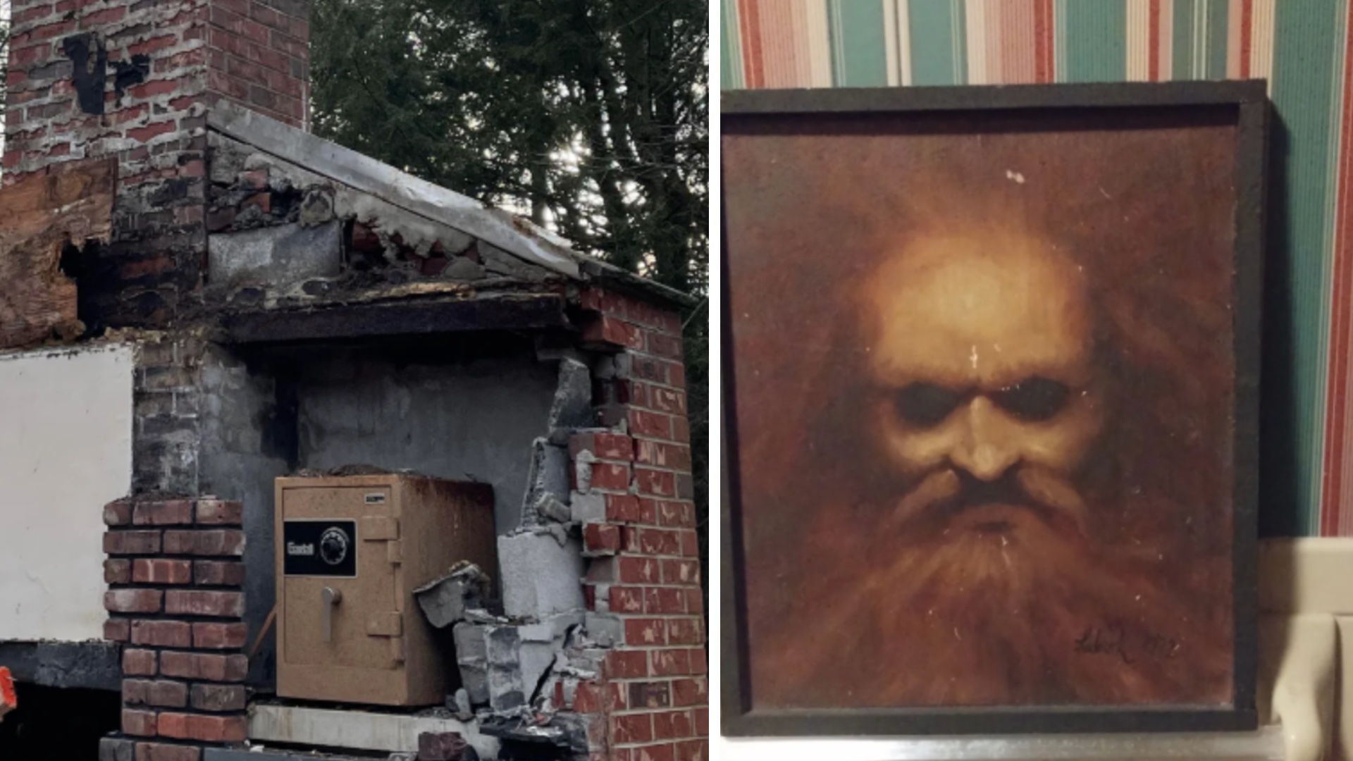 On the left, a damaged brick structure with a large safe inside. On the right, a framed painting of a face with intense eyes and a long beard, featuring dark, warm colors. The image captures contrasting subjects of destruction and art.