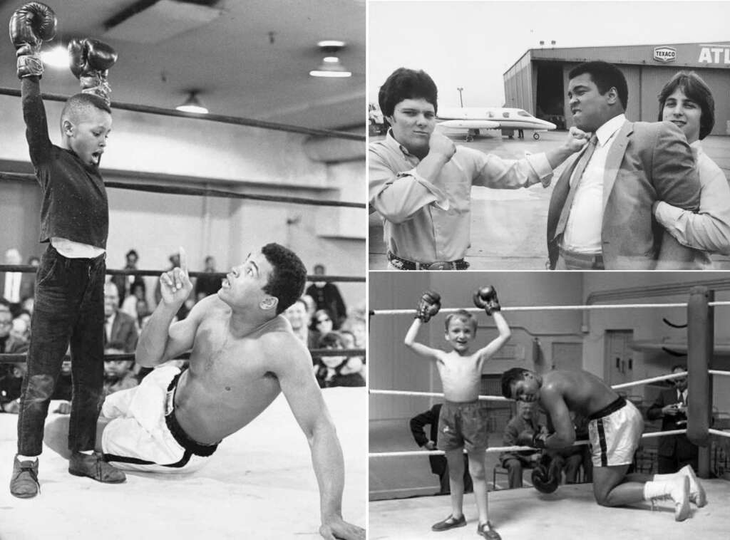 A black and white collage features four boxing-related images. A young boy pretends to knock down a boxer in a ring. A man in a suit playfully interacts with two men. Two children sparring, with one triumphant and a boxer kneeling beside them.