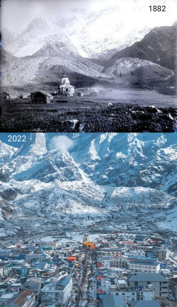 A split image shows the same mountainous landscape in 1882 and 2022. The top part depicts a sparse, undeveloped valley with a few buildings. The bottom part, showing 2022, illustrates a densely built town with numerous colorful buildings and bustling activity, surrounded by snow-covered mountains.