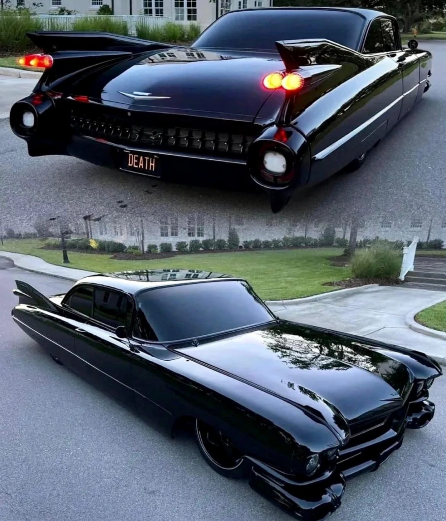 Two images of a black vintage car with sleek lines and distinctive tail fins. The license plate reads "DEATH." The car's design has a gothic and ominous aesthetic, amplified by the dark paint and shining chrome details. The first image shows the rear view, and the second image shows the side view.