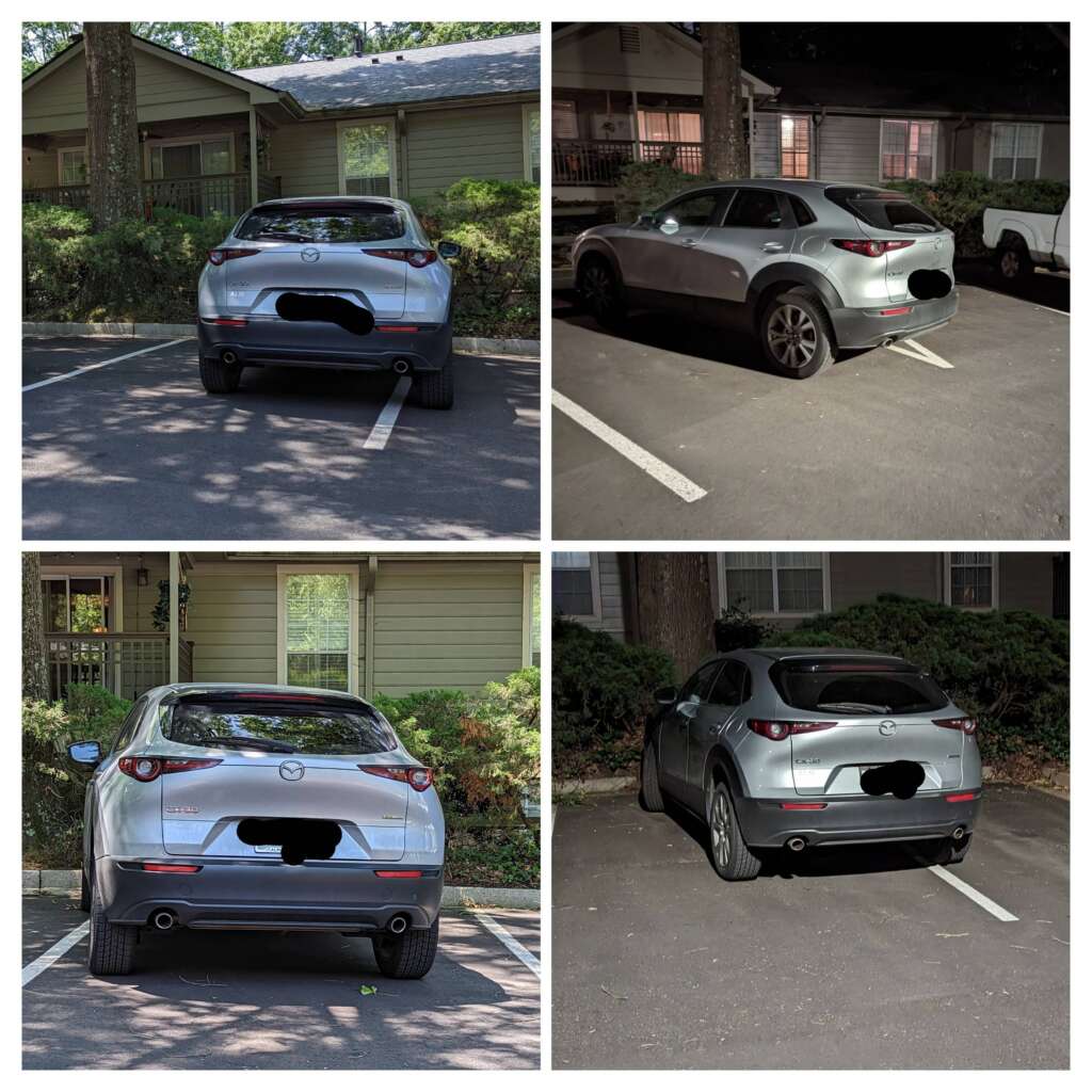 A collage of four images shows a silver Mazda car parked poorly in different parking spots. The car is consistently parked over the line, occupying two spaces in each image. The locations appear to be outdoor parking lots, partially shaded by trees.