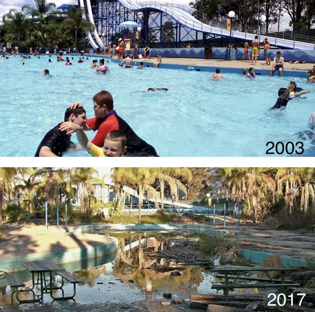 The image is split into two parts. The top shows a lively waterpark full of people swimming and enjoying the pool in 2003. The bottom shows the same waterpark in 2017, but it is abandoned, with dirty water, overgrown plants, and debris scattered around.