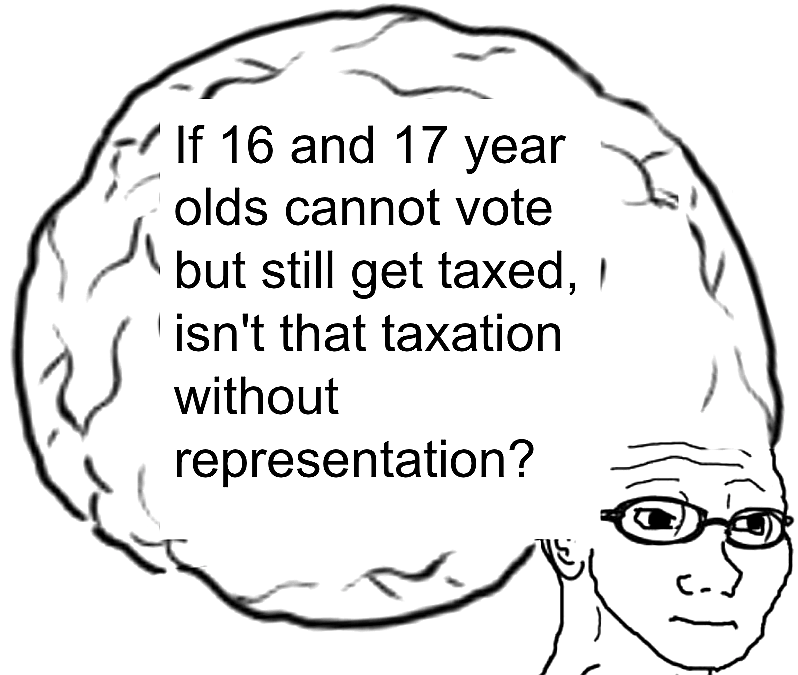 A comic-style meme depicts a character with an enlarged brain, wearing glasses. The text within the brain reads, "If 16 and 17 year olds cannot vote but still get taxed, isn't that taxation without representation?