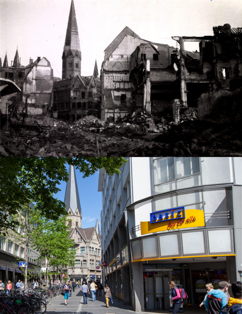 A split image shows the same location at different times. The top half is a black-and-white photo of a war-torn area with ruined buildings including a church steeple. The bottom half is a present-day vibrant street scene, with people walking near modern shops and the same church steeple in the background.