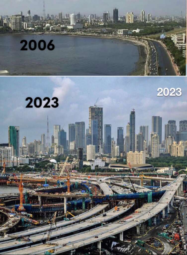 The image shows a comparison of a city's skyline and infrastructure in 2006 and 2023. The 2006 photo depicts a simpler highway and fewer tall buildings. The 2023 photo displays a complex network of highways and many modern high-rise buildings.