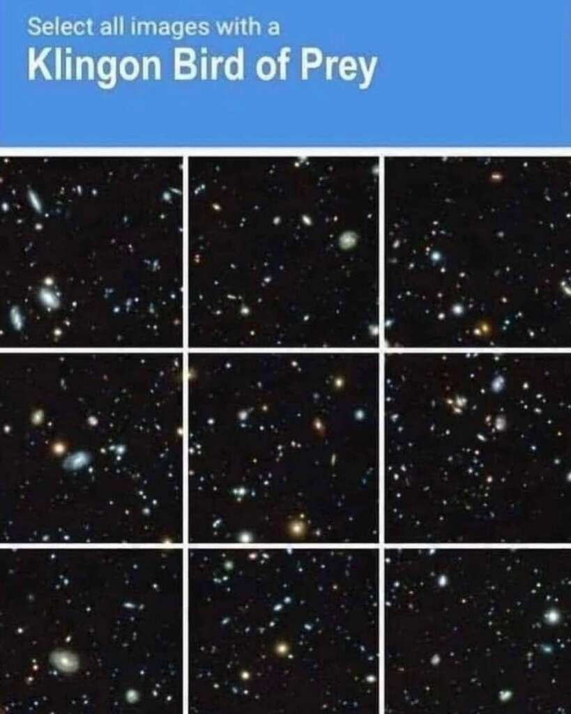 A CAPTCHA image asking the user to select all images with a "Klingon Bird of Prey." The image is divided into nine squares, each displaying a different portion of a starlit sky with distant galaxies and stars visible.