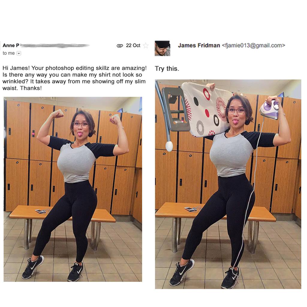 A woman is flexing her arms, standing in front of gym lockers. The left image has her request to Photoshop her shirt to look less wrinkled. The right image humorously shows edited-in household irons floating near her shirt, as if "ironing" it.