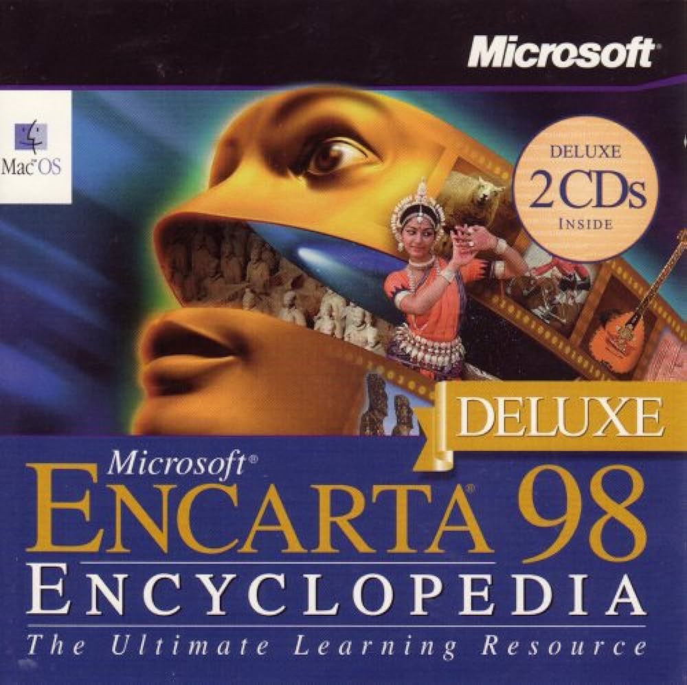 Cover of Microsoft Encarta 98 Encyclopedia Deluxe edition for MacOS featuring a collage of images including a woman's face, a dancer, ancient artifacts, and a guitar. Text includes "Microsoft Encarta 98 Encyclopedia," "DELUXE," and "DELUXE 2 CDs Inside.