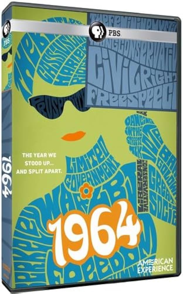 DVD cover for PBS's "American Experience: 1964" featuring a stylized illustration of a person wearing sunglasses and a hat, with words like "civil rights," "Free Speech," and "Great Society" integrated into the design. Text reads, "The year we stood up... and split apart.