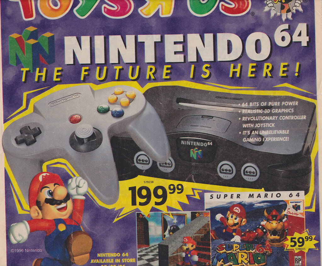 A vintage Toys "R" Us advertisement for the Nintendo 64 gaming console showcasing the console, controller, and the game "Super Mario 64." The text highlights features and pricing: $199.99 for the console and $59.99 for the game. Mario character appears in the bottom left.