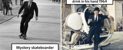 On the left, a man in a suit and hat skateboards in Central Park in 1965, with spectators in the background. On the right, a man in a suit and hat steps out of a helicopter holding a drink in 1964. Text reads "Mystery skateboarder in Central Park in 1965" and "Frank Sinatra getting out of a helicopter with a drink in his hand 1964.