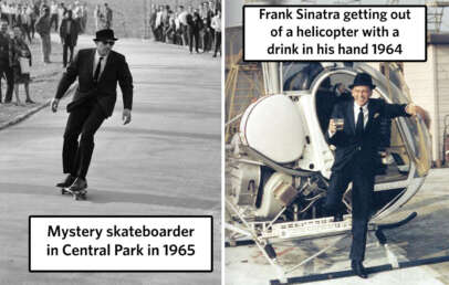 On the left, a man in a suit and hat skateboards in Central Park in 1965, with spectators in the background. On the right, a man in a suit and hat steps out of a helicopter holding a drink in 1964. Text reads "Mystery skateboarder in Central Park in 1965" and "Frank Sinatra getting out of a helicopter with a drink in his hand 1964.