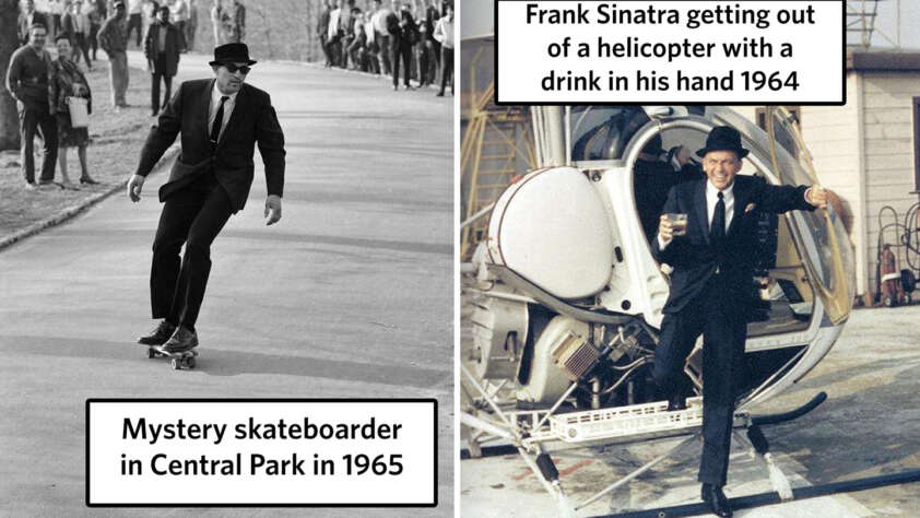 On the left, a man in a suit and hat skateboards in Central Park in 1965, with spectators in the background. On the right, a man in a suit and hat steps out of a helicopter holding a drink in 1964. Text reads "Mystery skateboarder in Central Park in 1965" and "Frank Sinatra getting out of a helicopter with a drink in his hand 1964.