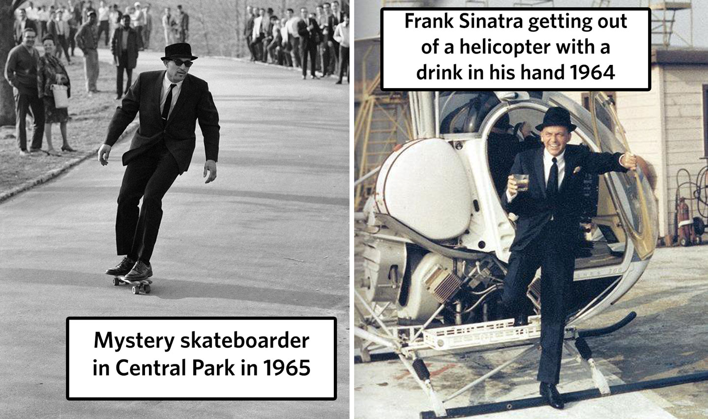 On the left, a man in a suit and hat skateboards in Central Park in 1965, with spectators in the background. On the right, a man in a suit and hat steps out of a helicopter holding a drink in 1964. Text reads "Mystery skateboarder in Central Park in 1965" and "Frank Sinatra getting out of a helicopter with a drink in his hand 1964.