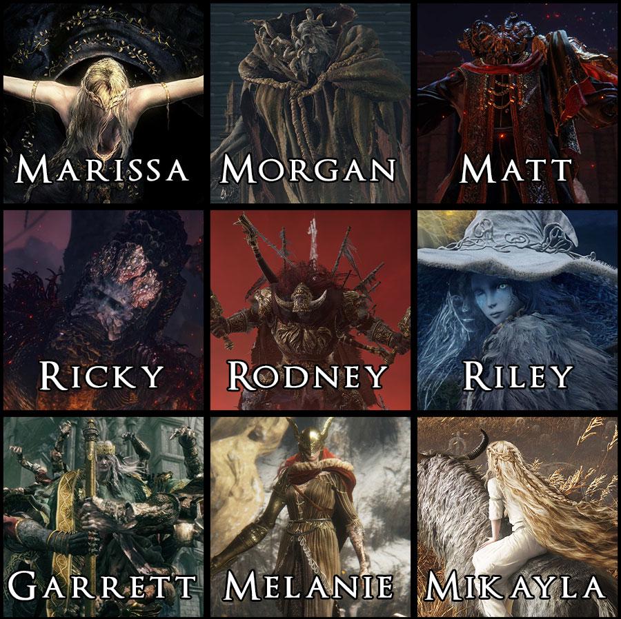         Grid of nine fantasy characters with names beneath each, reminiscent of Elden Ring memes. Top row: Marissa (dark aura, spread arms), Morgan (dark armor, crown), Matt (ornate robe, scepter). Middle row: Ricky (lava-like texture), Rodney (spiked armor, red background), Riley (blue attire, large hat). Bottom row: Garrett (green armor,