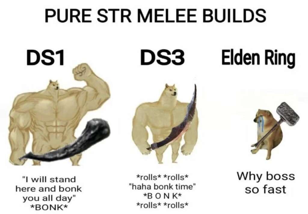 A meme contrasts three game titles (DS1, DS3, and Elden Ring) with "PURE STR MELEE BUILDS." DS1 shows a muscular dog saying "I will stand here and bonk you all day *BONK*." DS3 has a dog with a big sword, rolling and saying "*rolls* *haha bonk time* *BONK* *rolls*." Elden Ring features a smaller dog looking at a hammer with the text "Why boss so fast.