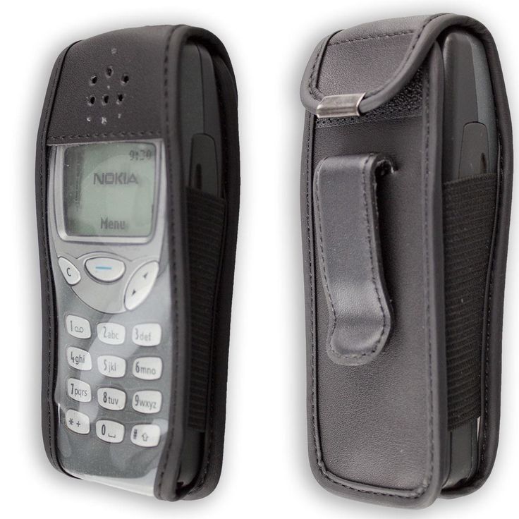 Two views of a black Nokia mobile phone in a leather holster case. The front view shows the phone's screen with buttons below it and the back view displays the case's clip and stitching details. The phone's screen shows "Nokia" and some text.