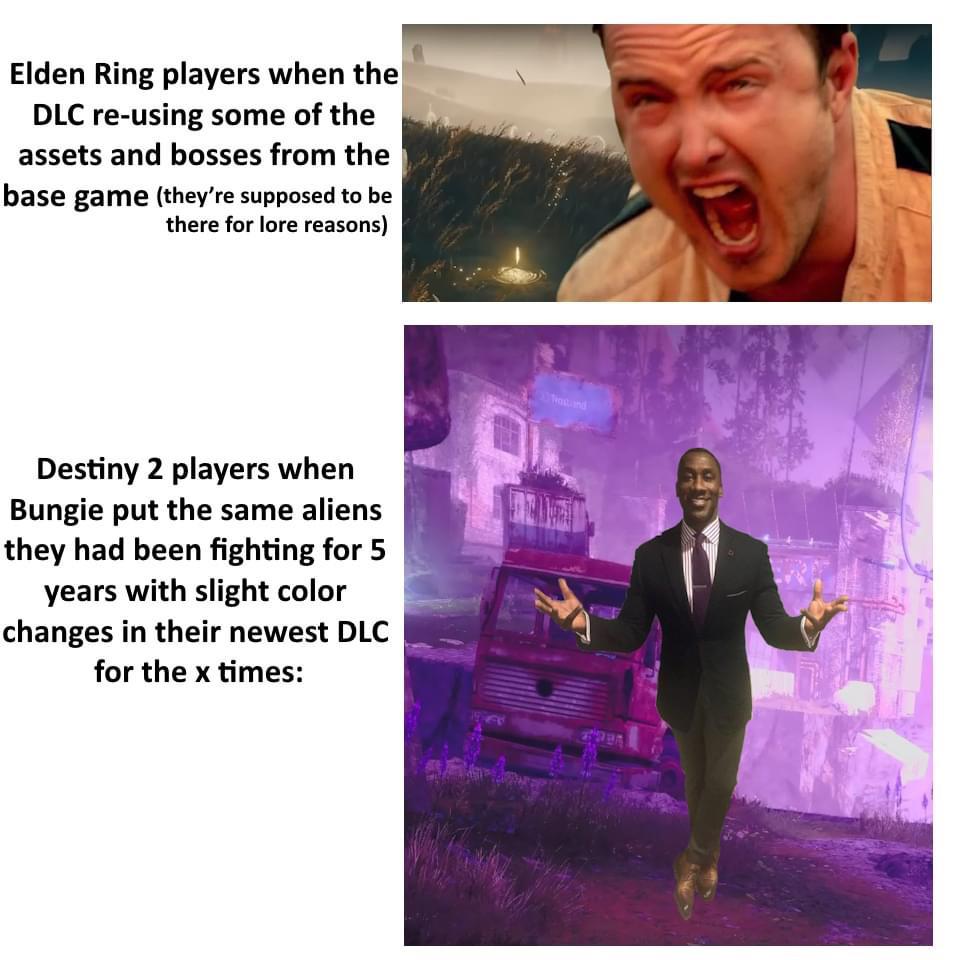 A meme showing a split image. The top half depicts a distressed person with text about "Elden Ring" players complaining about reused assets in a DLC. The bottom half shows a smiling person with text about "Destiny 2" players being okay with slightly altered content in a new DLC.