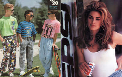 An image divided into two parts: on the left, three boys in 90s fashion, including colorful graphic tees, patterned pants, and sunglasses, pose with a skateboard; on the right, a woman with voluminous hair holds a can of Pepsi, wearing a white tank top.