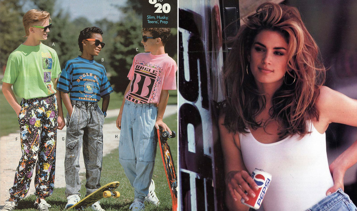 An image divided into two parts: on the left, three boys in 90s fashion, including colorful graphic tees, patterned pants, and sunglasses, pose with a skateboard; on the right, a woman with voluminous hair holds a can of Pepsi, wearing a white tank top.