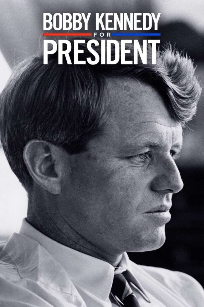 Black and white image of a man with the text "Bobby Kennedy for President" above his head. The man has short, side-parted hair and wears a white dress shirt with a tie. He is facing left, appearing deep in thought.