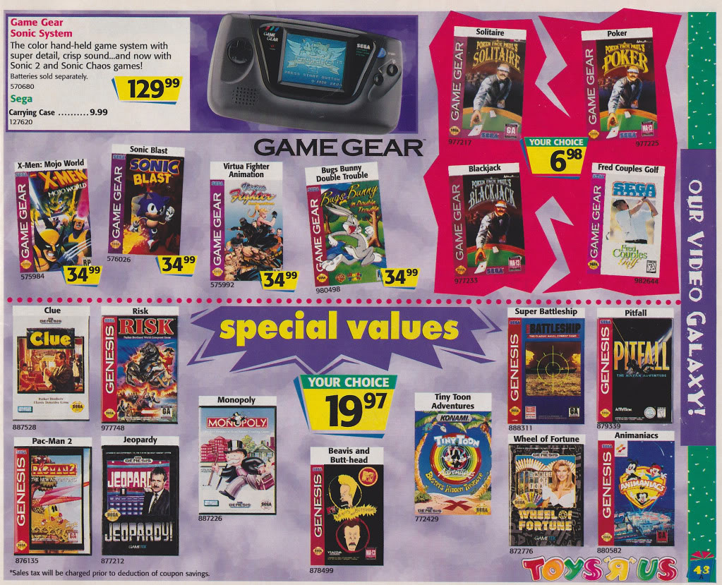 A Toys "R" Us advertisement featuring various video games and a Game Gear system. The Game Gear, priced at $29.99, is displayed prominently at the top. Game titles shown include Sonic Blast, Pac-Man 2, Monopoly, and more, with prices starting at $3.49.