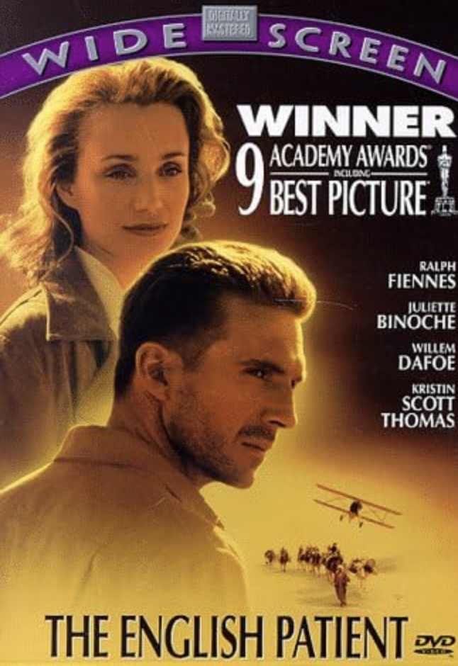 DVD cover of "The English Patient" with a background of a desert scene and a biplane flying low. The foreground features portraits of Ralph Fiennes and Kristin Scott Thomas. A banner highlights the film's 9 Academy Awards, including Best Picture.