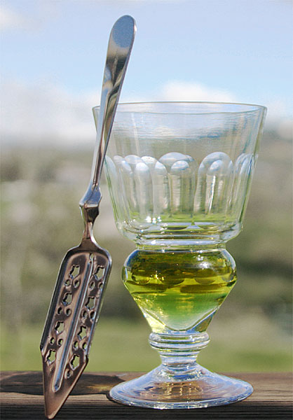 A glass filled with green liquid, likely absinthe, sits on a wooden surface with a silver absinthe spoon placed next to it. The background is an out-of-focus outdoor scene with soft, natural light.