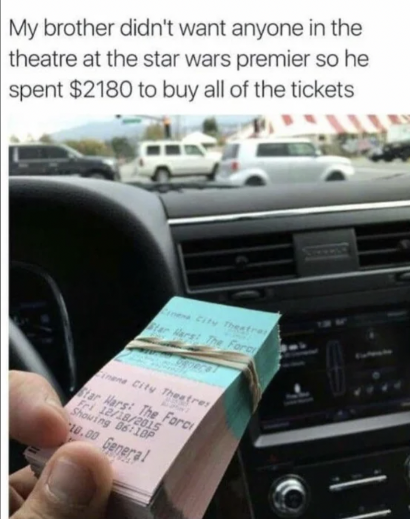 A person is holding a large stack of movie tickets while sitting in a car. The tickets are for a "Star Wars: The Force Awakens" show at Union City Theatre. The caption explains that the person's brother spent $2180 to buy all of the tickets for the premiere.