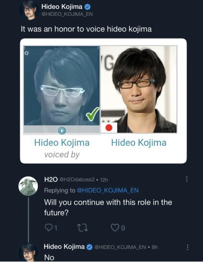 A screenshot from Twitter shows a tweet by a user named Hideo Kojima with a picture comparing an animated character labeled "Hideo Kojima" with a checkmark, to the real Hideo Kojima. A reply asks if he will continue voicing the role, and Kojima responds humorously.