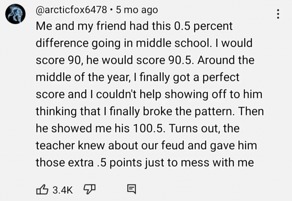 A YouTube comment by @arcticfox6478 describing a school rivalry story. The user mentions scoring 90 while their friend scored 90.5. After finally getting a perfect score, the friend revealed a score of 100.5, later discovering the teacher's involvement. The comment has 3.4K likes.