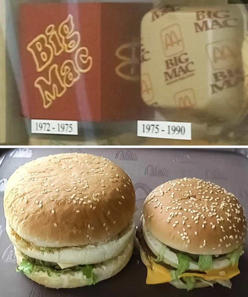 The image shows two different Big Mac burgers in two timelines. The top half displays packaging from 1972-1975 and 1975-1990. The bottom half shows two Big Macs side by side on a tray, each wrapped in distinctive but different packaging.