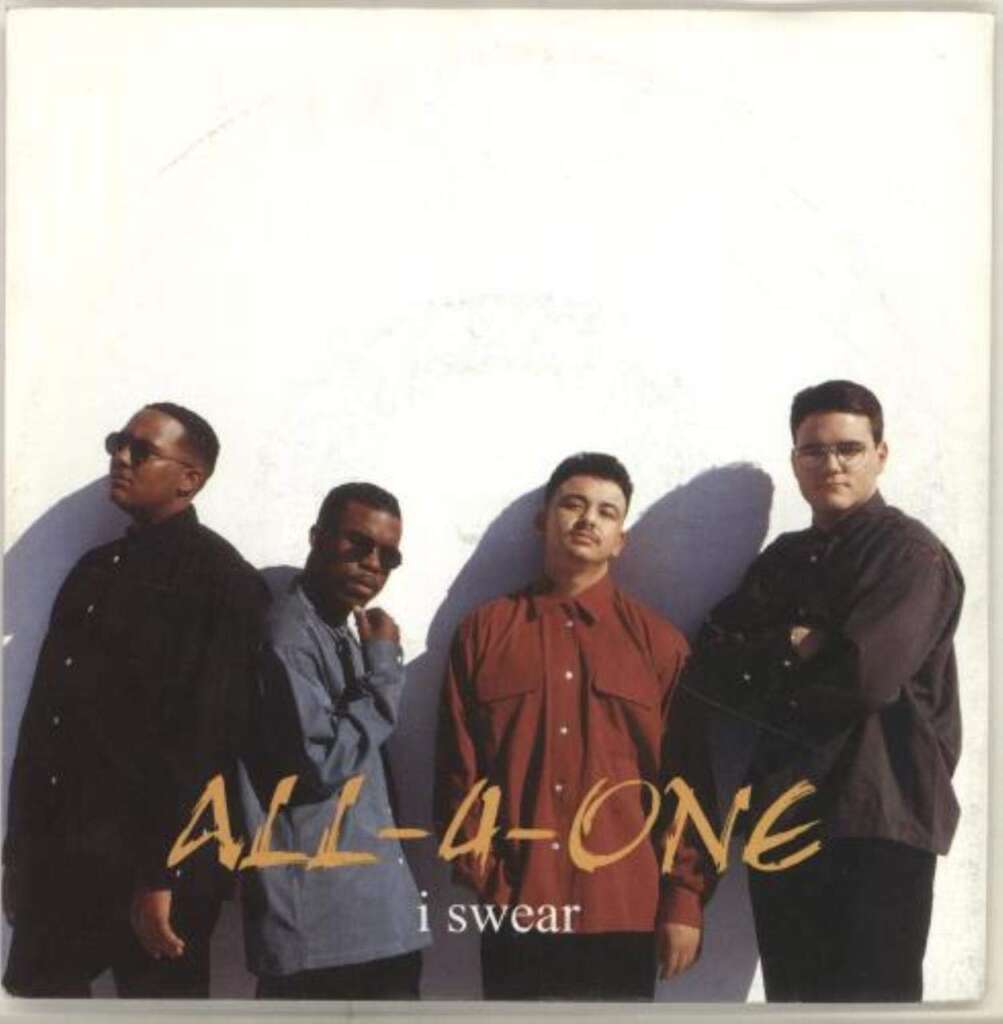 Four men stand in a row against a plain white background, all wearing dark button-up shirts. The text "ALL-4-ONE" and "i swear" is displayed prominently at the bottom of the image.