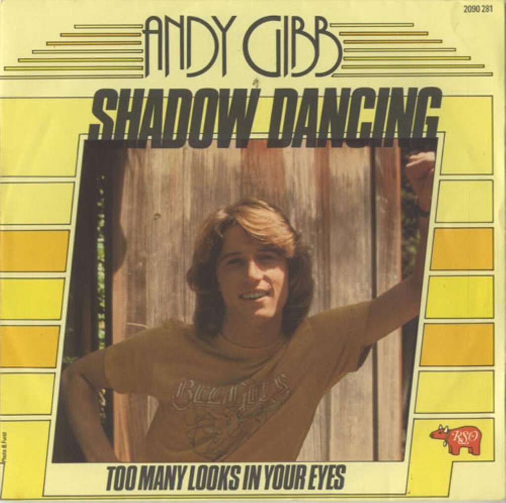 Album cover of "Shadow Dancing" by Andy Gibb. The image features a young man with long hair leaning against a wooden surface, wearing a casual t-shirt. The text above him reads "Andy Gibb" and "Shadow Dancing," with "Too Many Looks in Your Eyes" below.