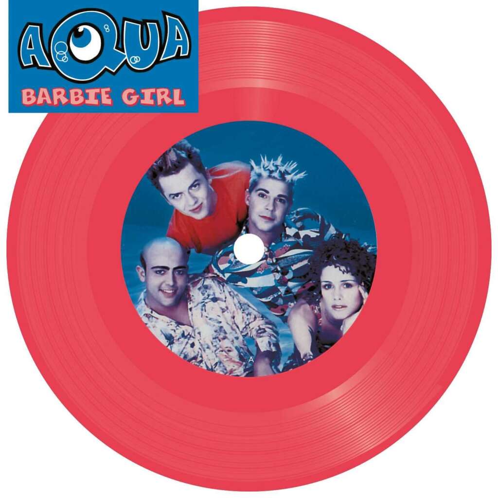 A circular red vinyl record cover shows four people smiling inside the hole of the record. Above the record in the top left corner is a blue square with the text “Aqua Barbie Girl” in pink and white letters.