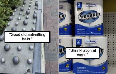 The image is split into two parts. The left shows a sidewalk with numerous metallic balls placed to prevent sitting, with the caption, "Good old anti-sitting balls." The right depicts packages of paper towels labeled "Premium," with the caption, "Shrinkflation at work.