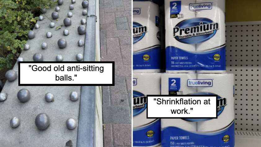 The image is split into two parts. The left shows a sidewalk with numerous metallic balls placed to prevent sitting, with the caption, "Good old anti-sitting balls." The right depicts packages of paper towels labeled "Premium," with the caption, "Shrinkflation at work.