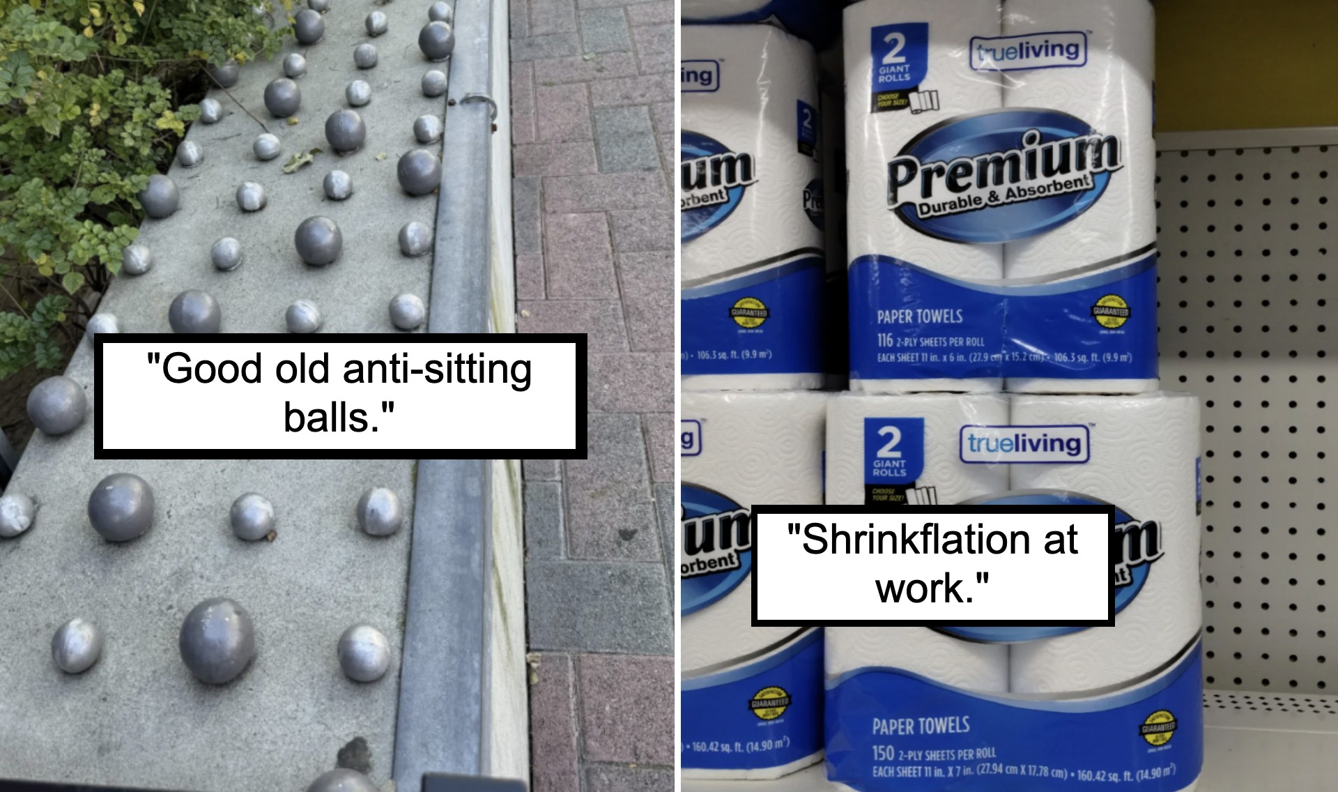 The image is split into two parts. The left shows a sidewalk with numerous metallic balls placed to prevent sitting, with the caption, "Good old anti-sitting balls." The right depicts packages of paper towels labeled "Premium," with the caption, "Shrinkflation at work.