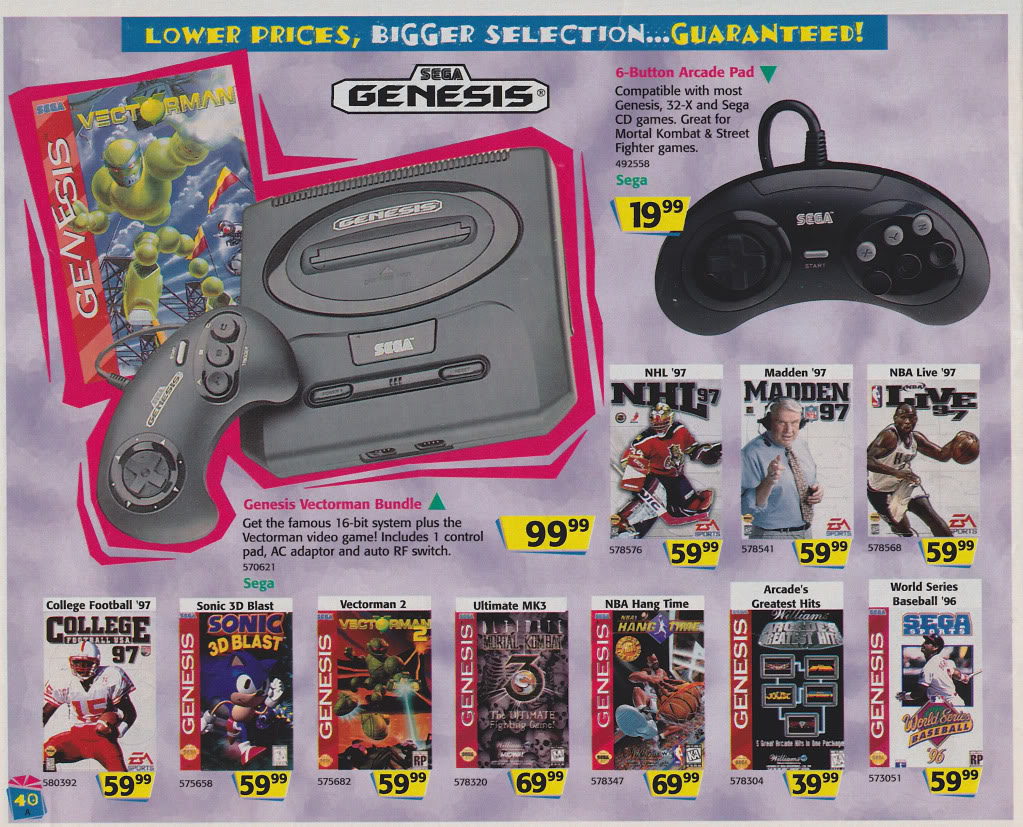 Advertisement for Sega Genesis video game console and peripherals including a 6-button arcade pad, and several game titles. Games listed include VectorMan, NHL 97, NBA Live 97, Madden NFL 97, Ultimate MK3, Arcade's Greatest Hits, College Football USA 97, Sonic 3D Blast. Prices vary by product.