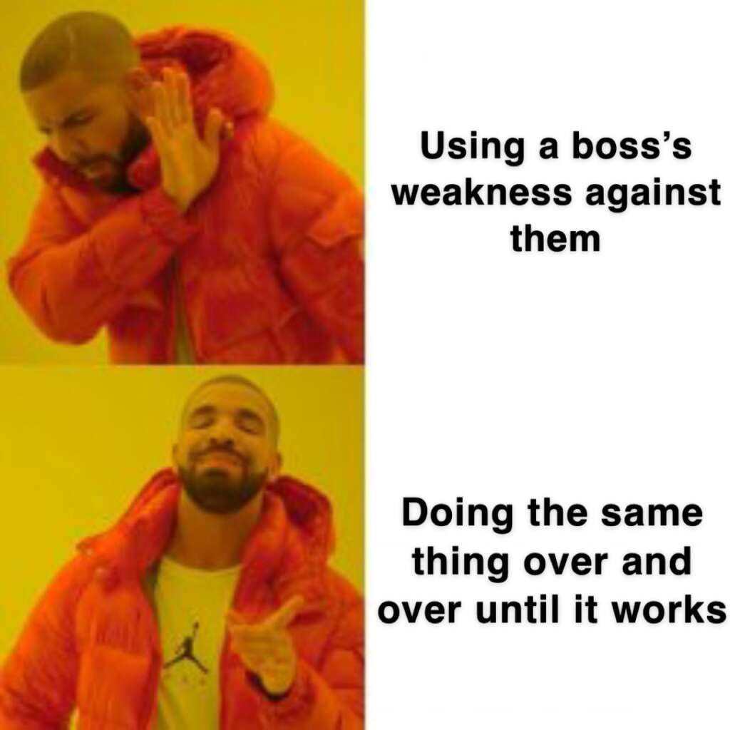 A two-panel meme featuring a person in a red jacket. In the top panel, they reject the text "Using a boss's weakness against them." In the bottom panel, they approve the text "Doing the same thing over and over until it works." Perfect for Elden Ring memes enthusiasts.