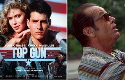 Left: A movie poster for "Top Gun" featuring Tom Cruise and Kelly McGillis standing closely with a backdrop of a jet and American flag. Right: A screenshot of Jack Nicholson wearing sunglasses and a striped shirt looking animated during a conversation.