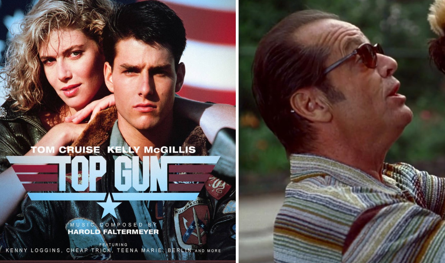 Left: A movie poster for "Top Gun" featuring Tom Cruise and Kelly McGillis standing closely with a backdrop of a jet and American flag. Right: A screenshot of Jack Nicholson wearing sunglasses and a striped shirt looking animated during a conversation.