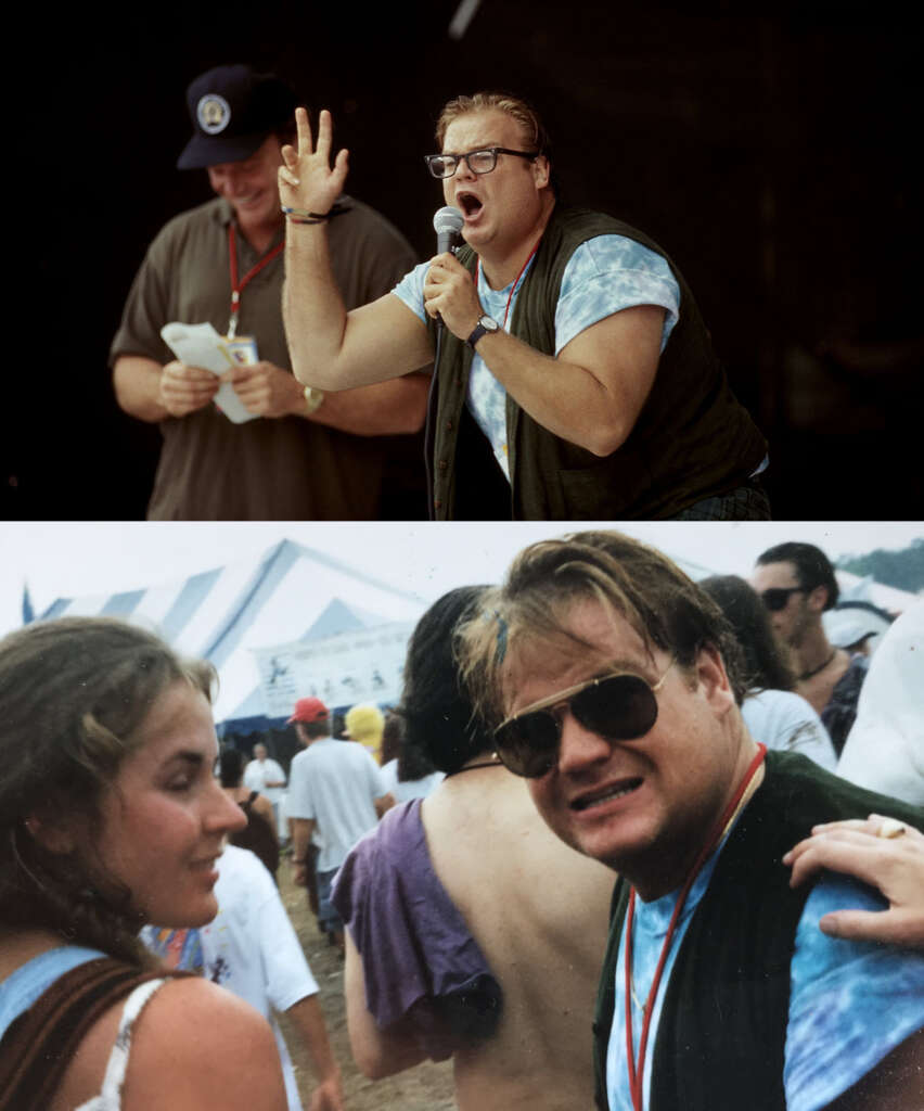 A composite of two photos. In the top image, a man with glasses energetically speaks into a microphone while another man reads from a sheet of paper. In the bottom image, a man in sunglasses smiles uncomfortably among a crowd at an outdoor event.