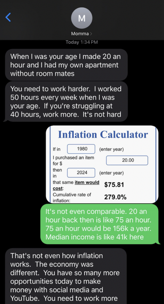 A text conversation screenshot. The first message discusses wages from years ago, urging harder work. The second message contains an inflation calculator image showing that $20 in 1980 equates to $75.81 in 2024. The response explains inflation differences and mentions current income.